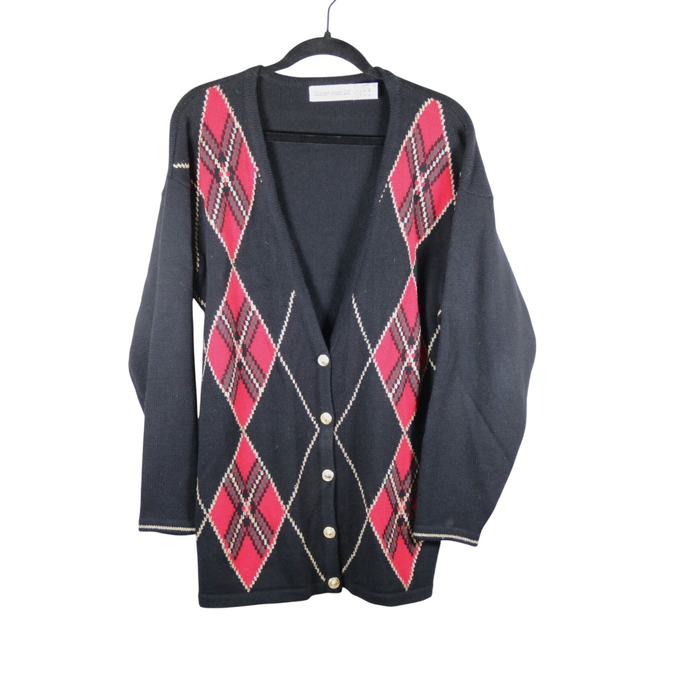 Robert Scott Ltd Vintage Argyle Cardigan Sweater Black Red Lambswool Blend M